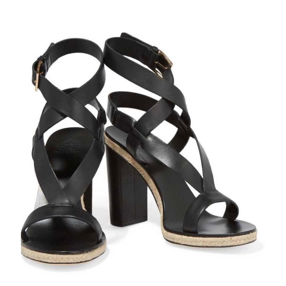 Tory Burch Marbella Black Jute Espadrille Strappy Block Heel Sandals Size 9